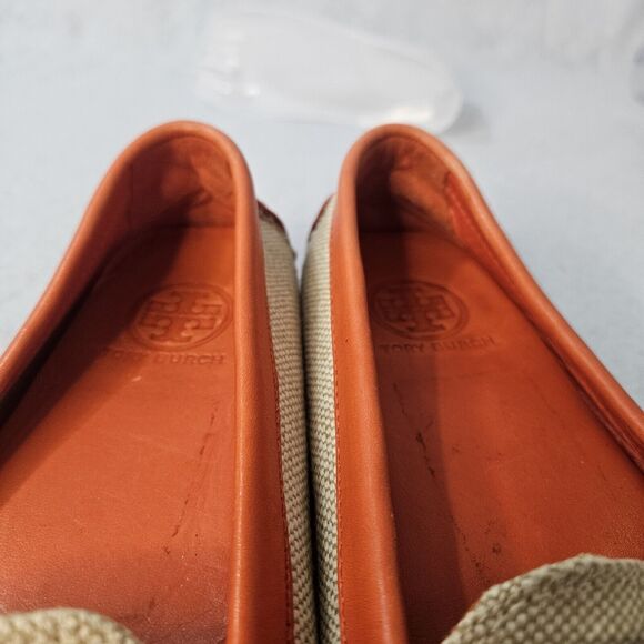 TORY BURCH Womens Driving Moccasins Sz 6 Orange Leather Canvas Loafers Tan - Picture 6 of 6